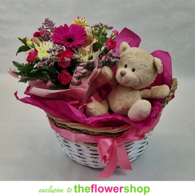 Teddy and Flowers Gift Basket