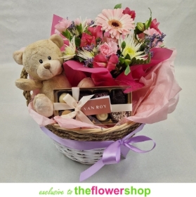 Teddy, Chocs and Flowers Gift Basket